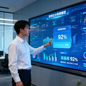 数据科学家李昂在可视化大屏前展示实时比分预测模型